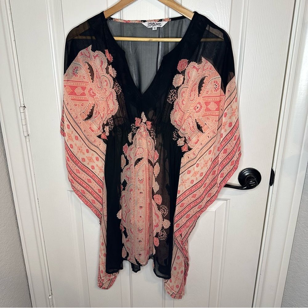 Y2K Tramp Pink Black Floral Paisley Kaftan Swim Coverup Tunic Sz S Coastal Boho
